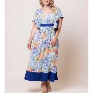 Kiyonna Plus Size Mediterranean Breaze Boho Maxi Dress Size 3XL Blue Floral